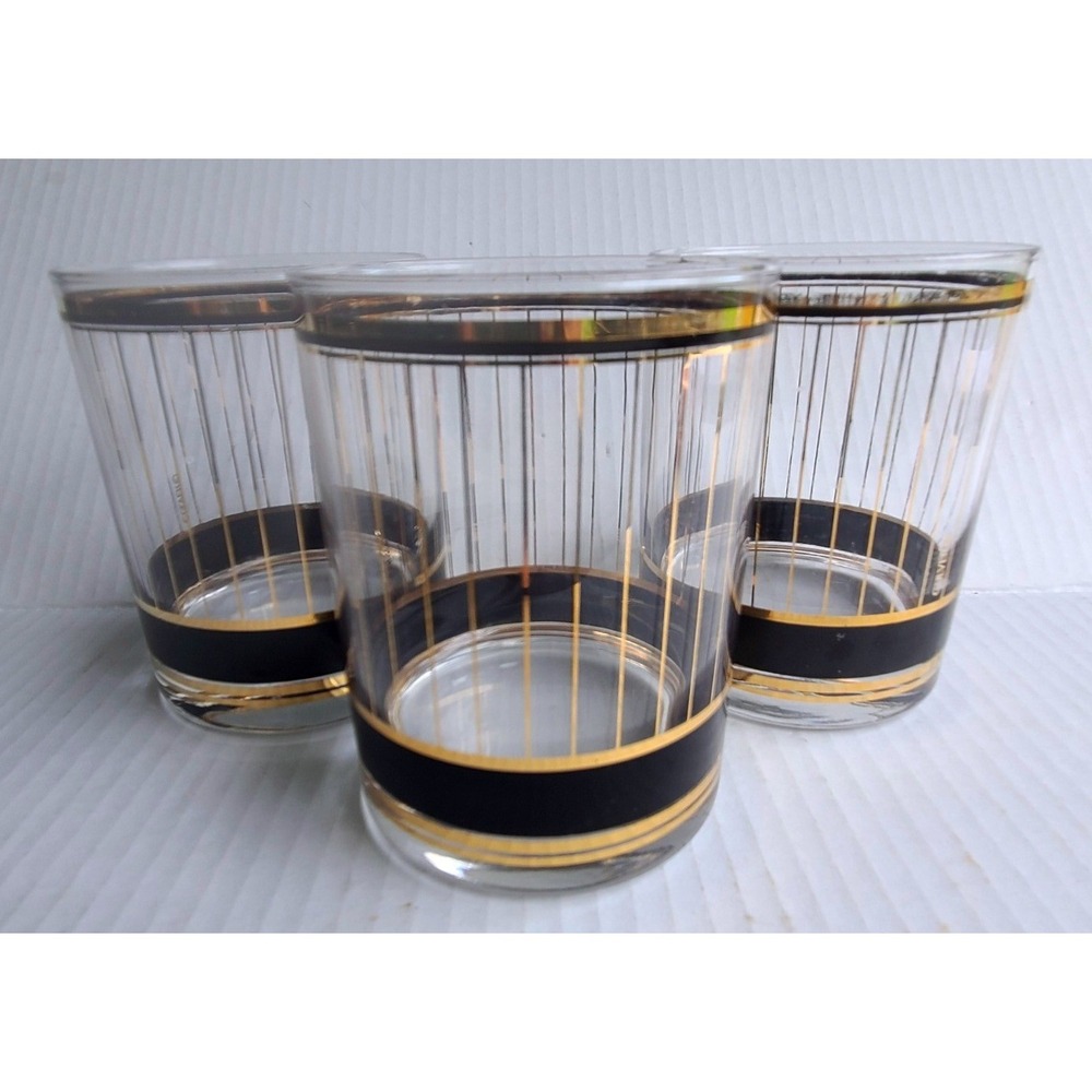 Culver Pisa Glass Tumblers Set of 3 Black 22k Gold Pinstripe MCM Old Fashioned